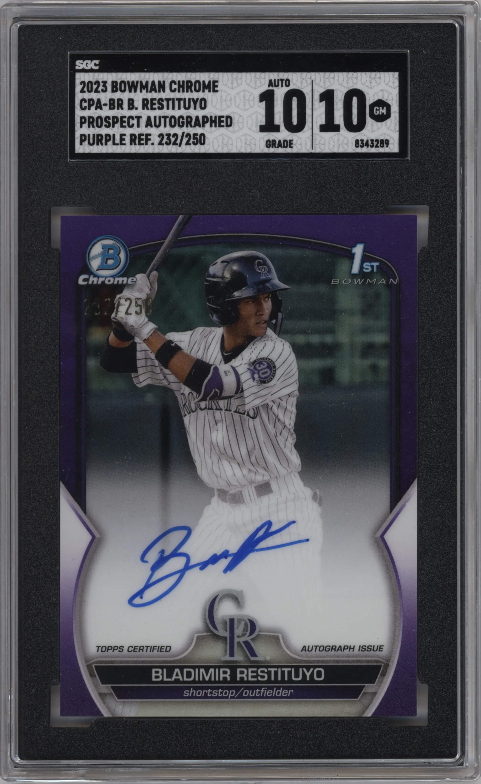2023 Bowman Chrome Chr.Pros.Auto Bladimir Restituyo Purple Refractor SGC 10