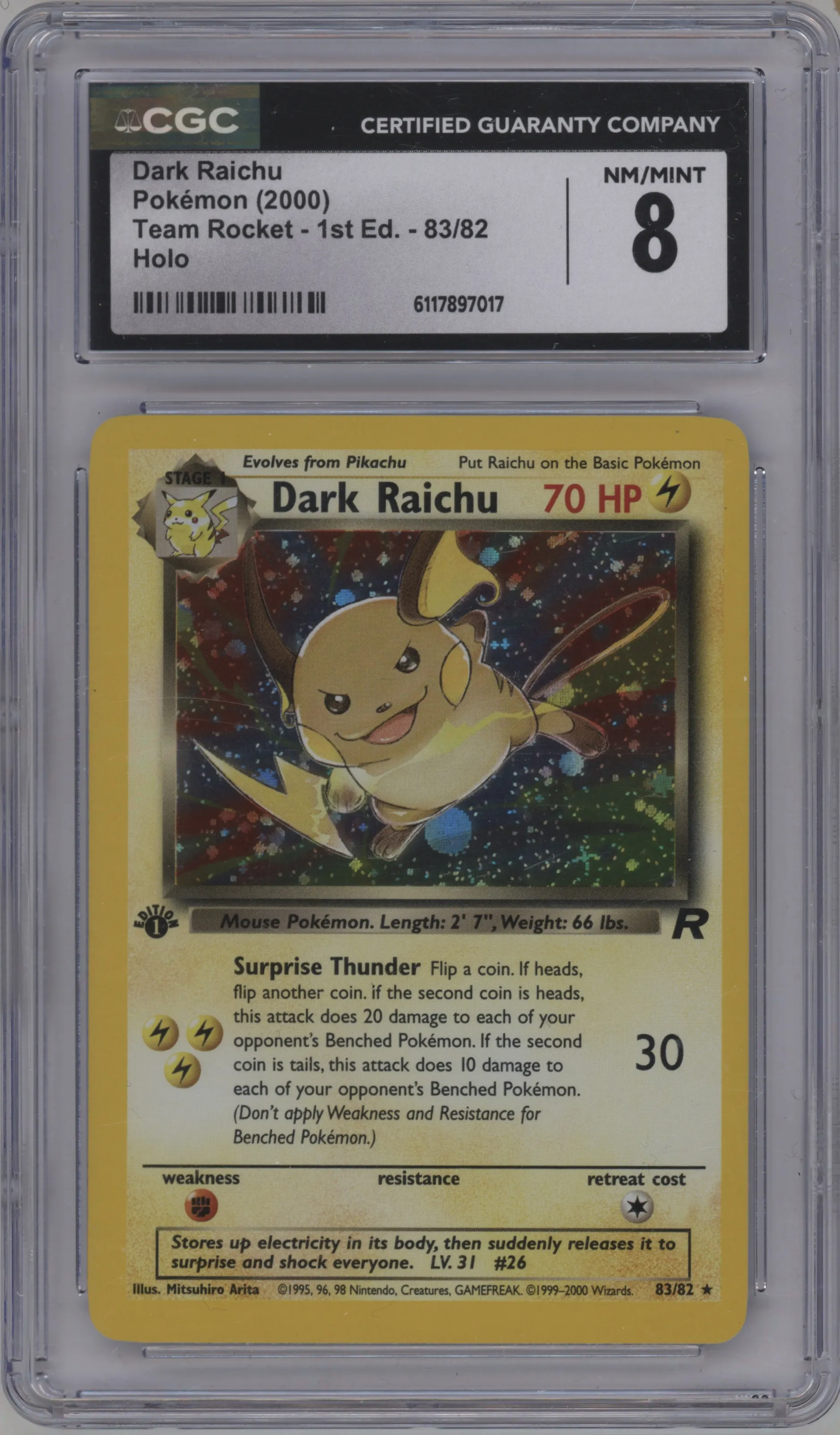 2000 Pokemon Team Rocket Dark Raichu #83 CGC 8
