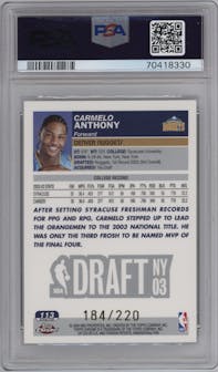 Carmelo Anthony from the 2003-04 Topps Chrome set featuring a X-Fractor parallel graded by PSA and given an overall grade of 9.