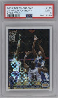 Carmelo Anthony from the 2003-04 Topps Chrome set featuring a X-Fractor parallel graded by PSA and given an overall grade of 9.