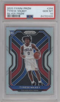 Tyrese Maxey from the 2020-21 Panini Prizm set featuring a Silver Prizm parallel graded by PSA and given an overall grade of 10.