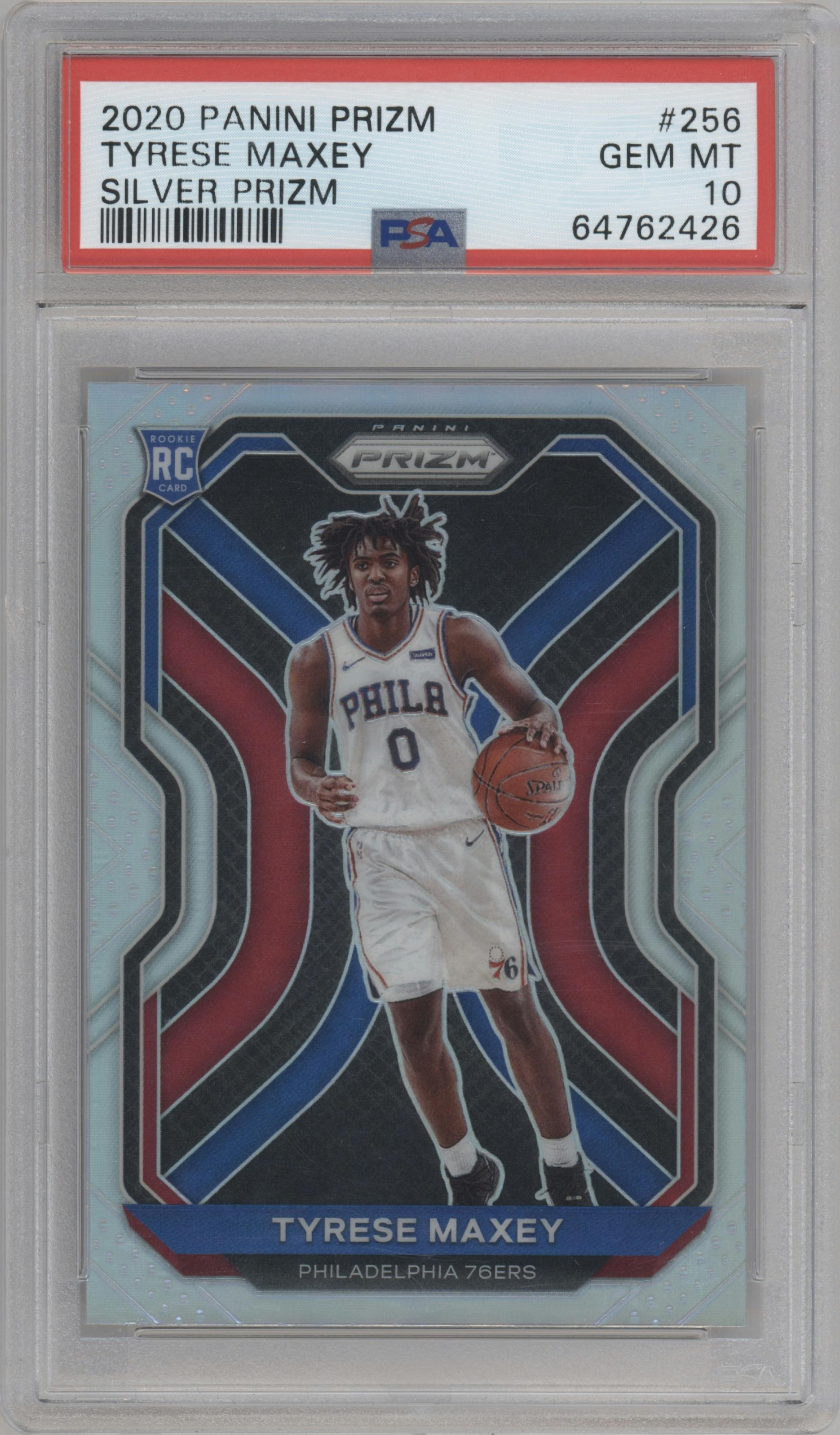 Tyrese Maxey from the 2020-21 Panini Prizm set featuring a Silver Prizm parallel graded by PSA and given an overall grade of 10.