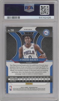 Tyrese Maxey from the 2020-21 Panini Prizm set featuring a Silver Prizm parallel graded by PSA and given an overall grade of 10.