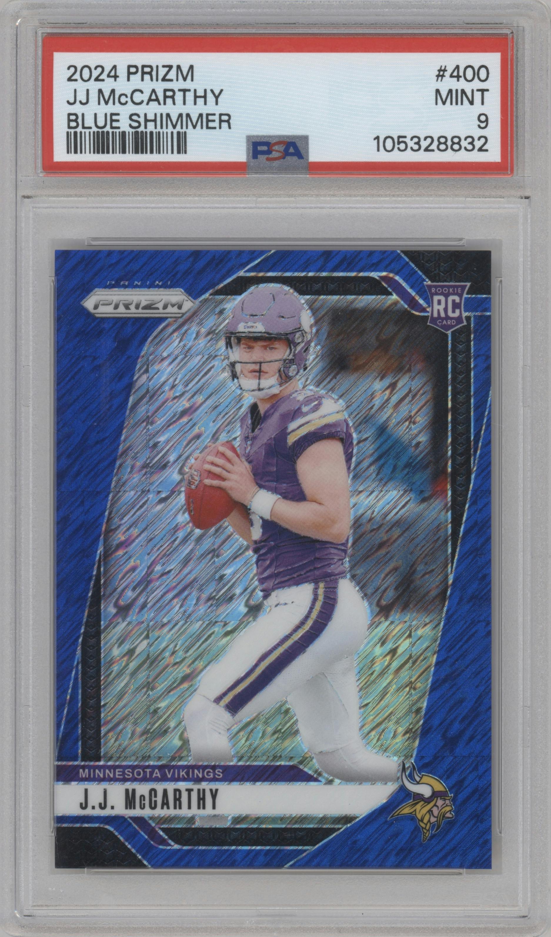 J.J. McCarthy from the 2024 Panini Prizm set featuring a Blue Shimmer parallel graded by PSA and given an overall grade of 9.