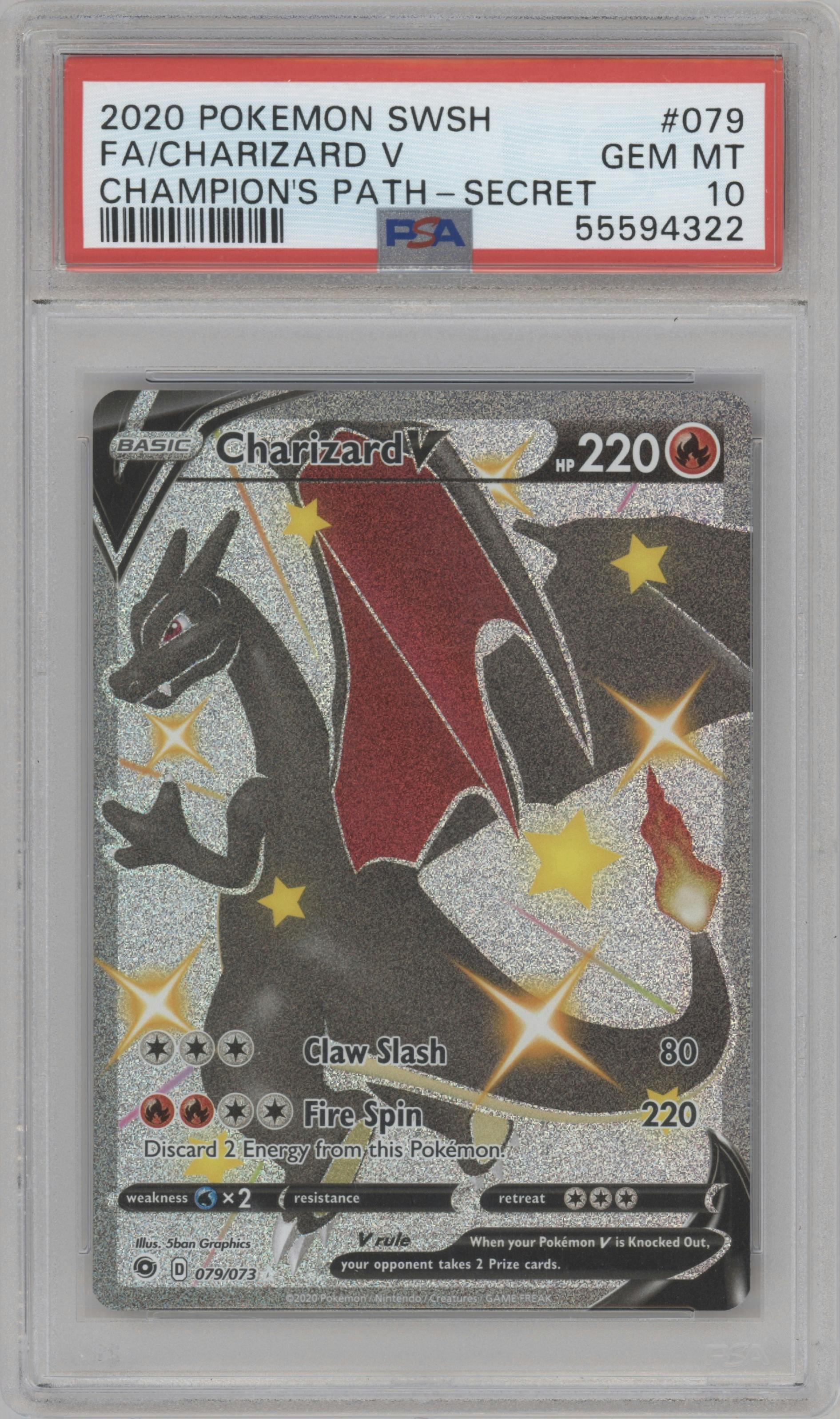 Charizard V from the 2020 Pokemon SWSH set graded by PSA and given an overall grade of 10.