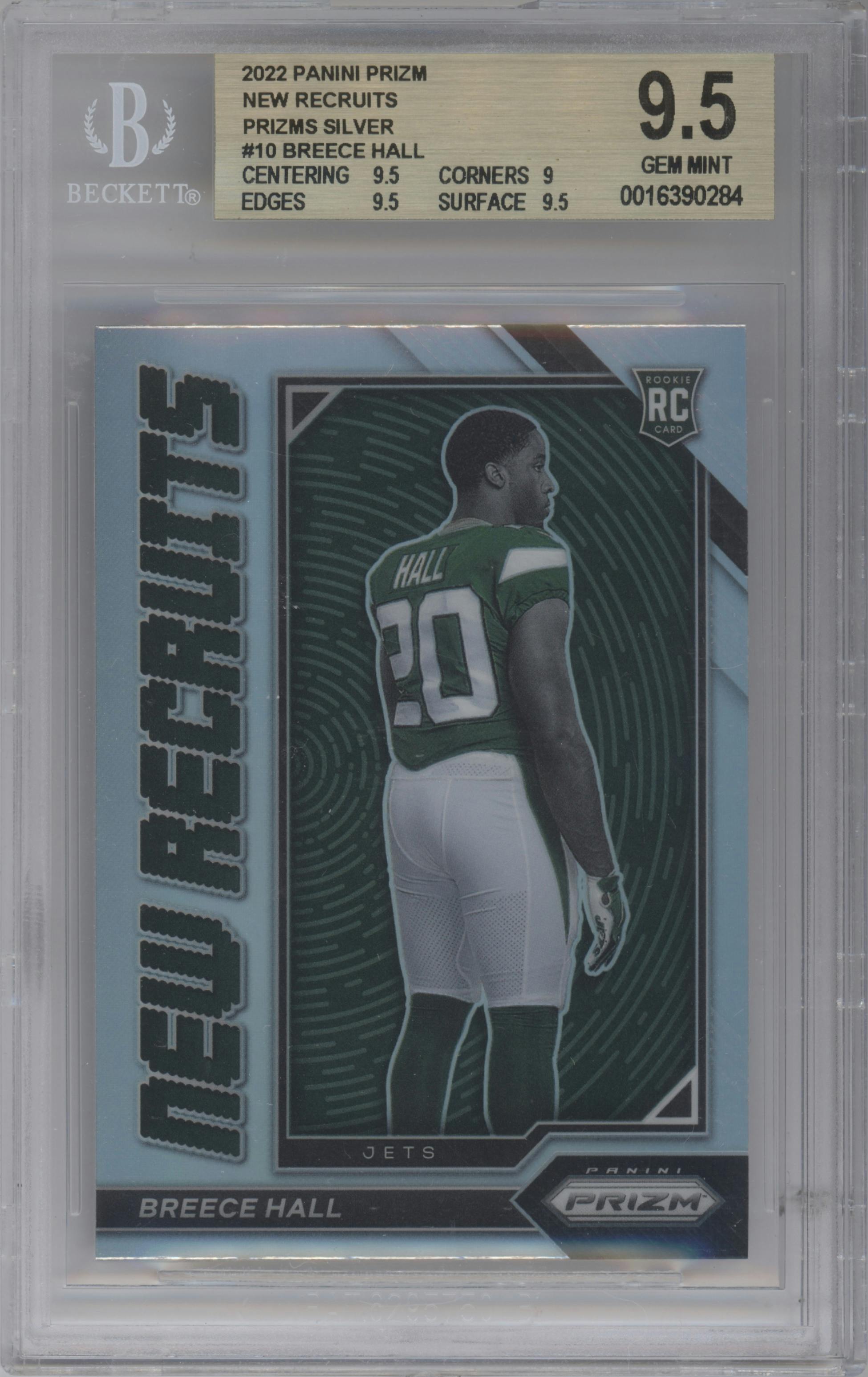 Breece Hall from the 2022 Panini Prizm set featuring a Silver Prizm parallel graded by Beckett and given an overall grade of 9.5.