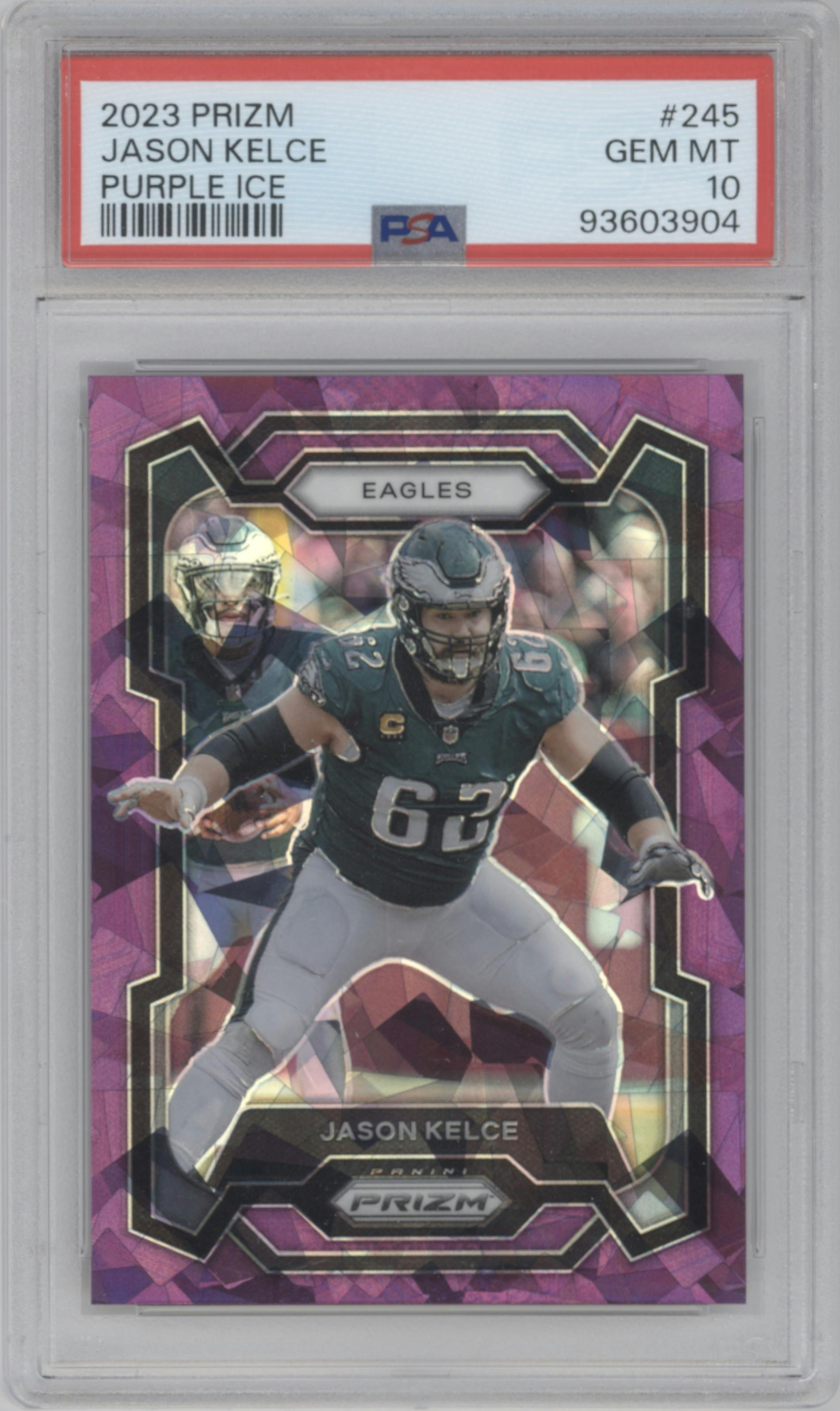 Jason Kelce from the 2023 Panini Prizm set featuring a Purple Ice parallel graded by PSA and given an overall grade of 10.