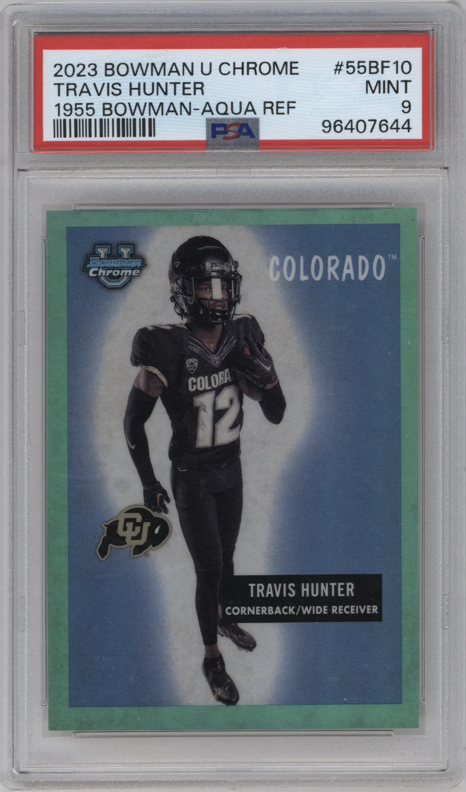 2023 Bowman Chrome University 1955 Bowman Travis Hunter Aqua Refractor #55BF-10 PSA 9