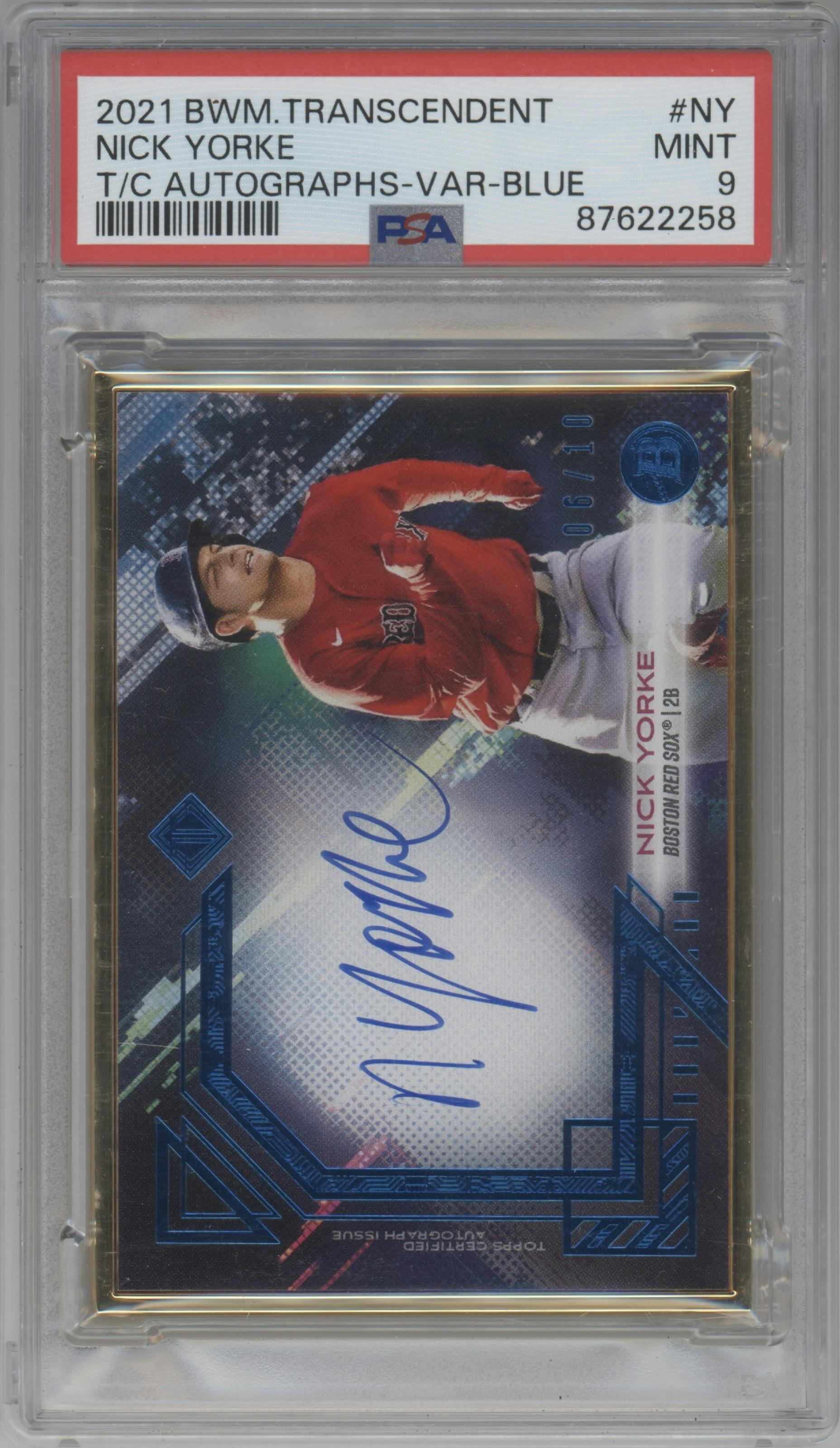 Nick Yorke from the 2021 Bowman Transcendent Collection set featuring a Blue parallel graded by PSA and given an overall grade of 9.