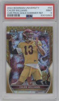 Caleb Williams from the 2022 Bowman University Chrome set featuring a Gold Shimmer Refractor  parallel graded by PSA and given an overall grade of 9.