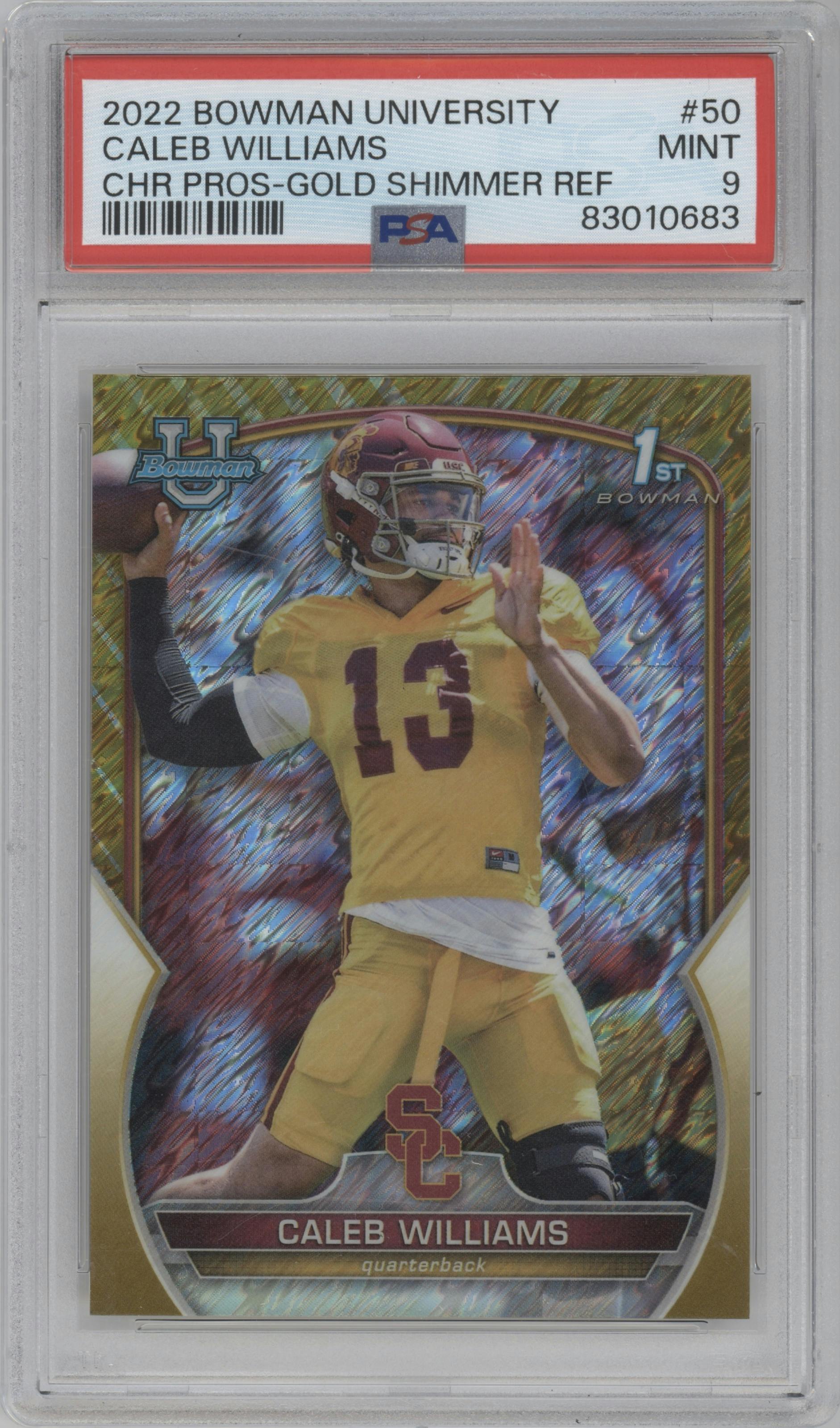 Caleb Williams from the 2022 Bowman University Chrome set featuring a Gold Shimmer Refractor  parallel graded by PSA and given an overall grade of 9.
