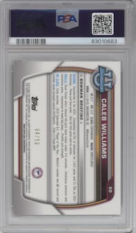 Caleb Williams from the 2022 Bowman University Chrome set featuring a Gold Shimmer Refractor  parallel graded by PSA and given an overall grade of 9.