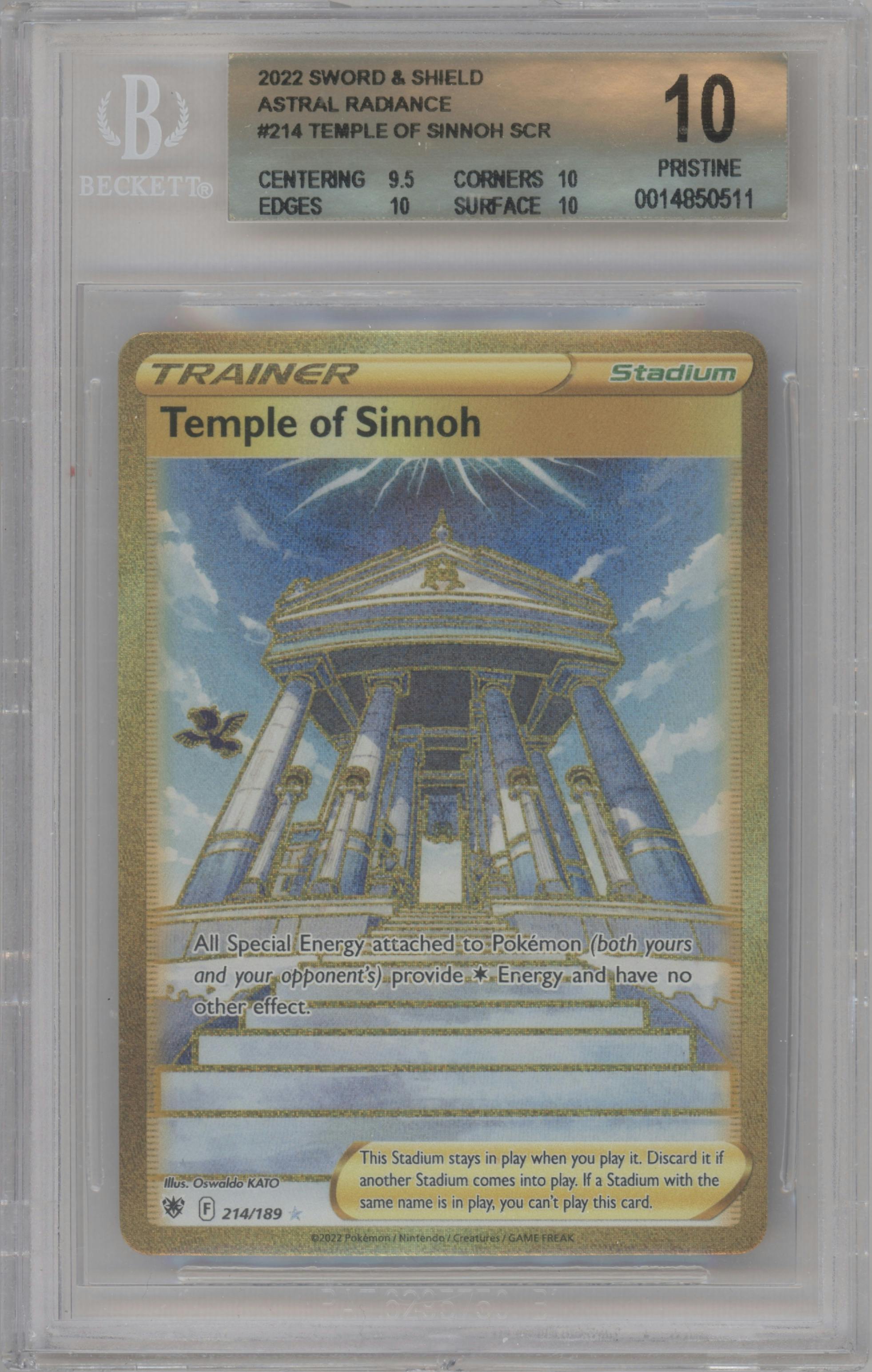 Temple of Sinnoh from the 2022 Pokemon SWSH set graded by Beckett and given an overall grade of 10.
