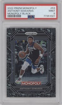 Anthony Edwards from the 2022-23 Panini Prizm Monopoly set featuring a Monopoly Black parallel graded by PSA and given an overall grade of 9.