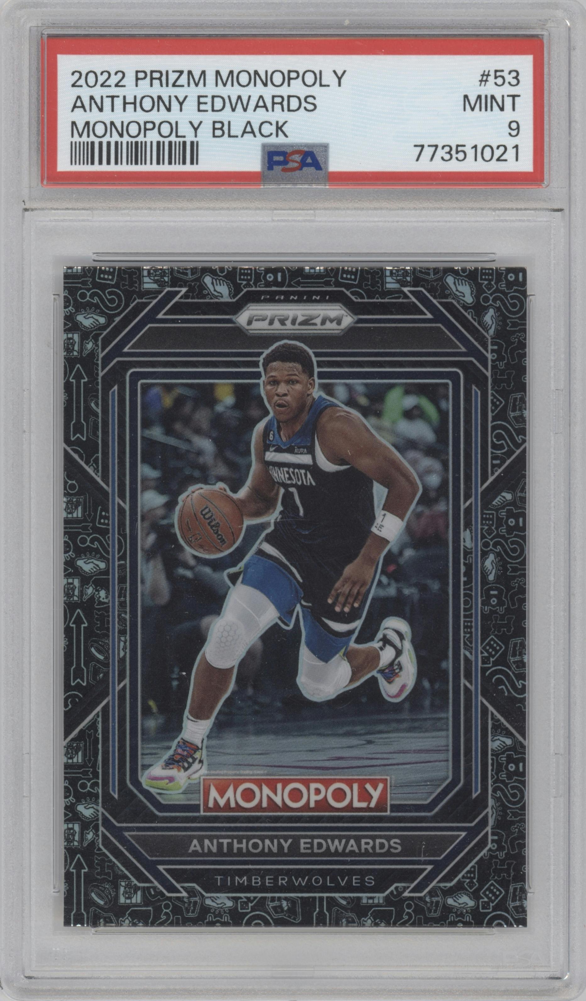 Anthony Edwards from the 2022-23 Panini Prizm Monopoly set featuring a Monopoly Black parallel graded by PSA and given an overall grade of 9.