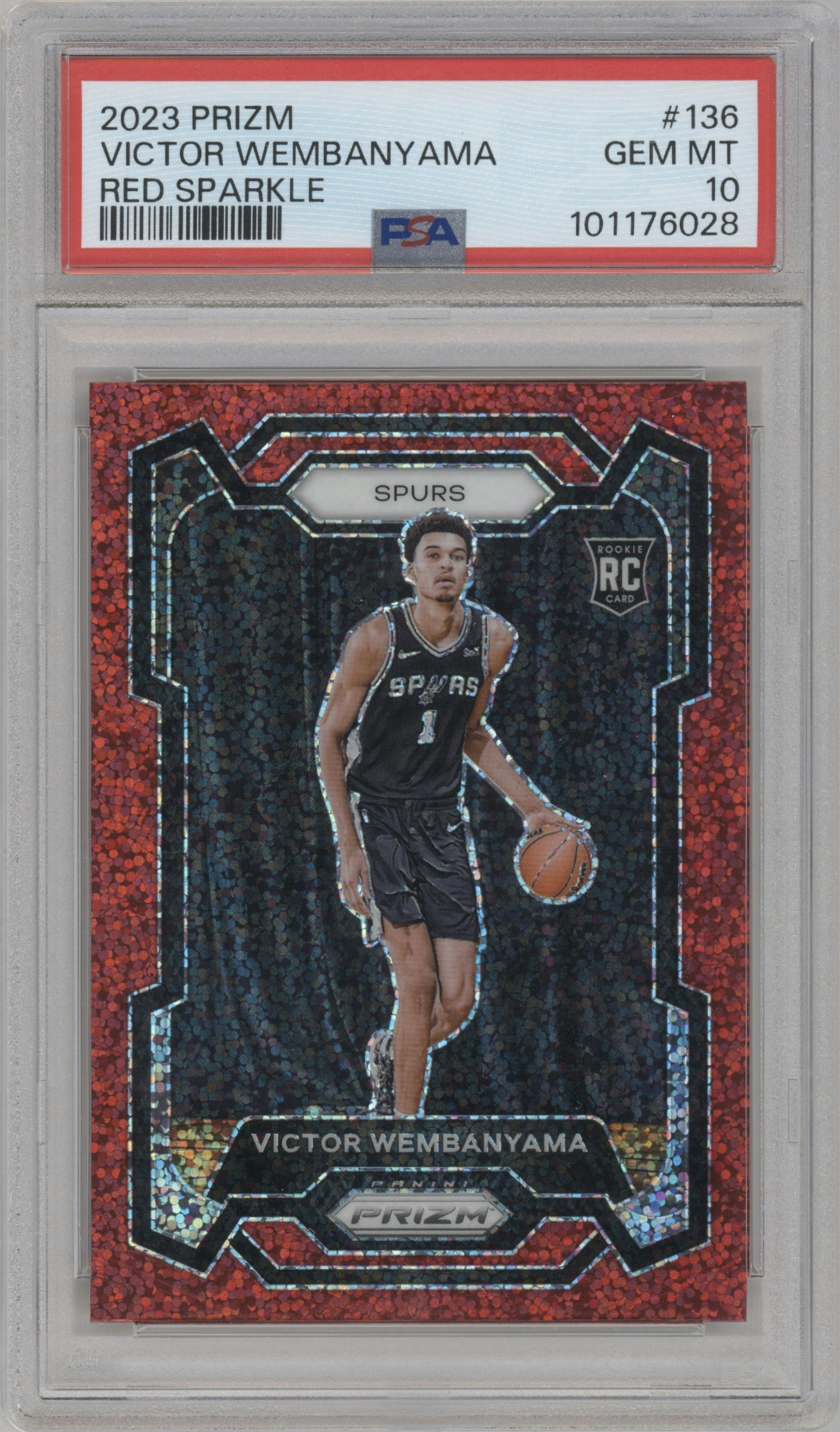 Victor Wembanyama from the 2023-24 Panini Prizm set featuring a Red Sparkle parallel graded by PSA and given an overall grade of 10.