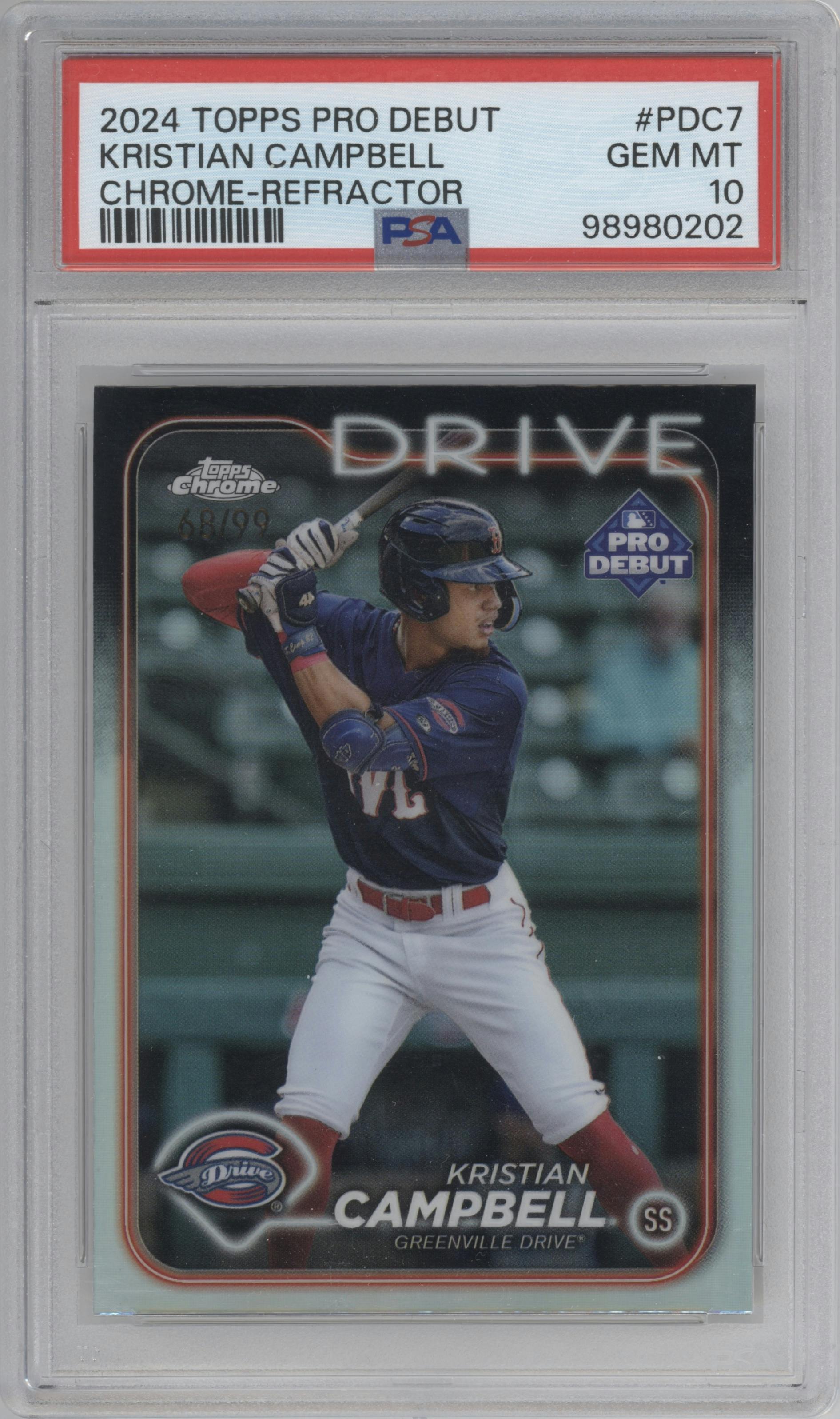 Kristian Campbell from the 2024 Topps Pro Debut set featuring a Refractor parallel graded by PSA and given an overall grade of 10.