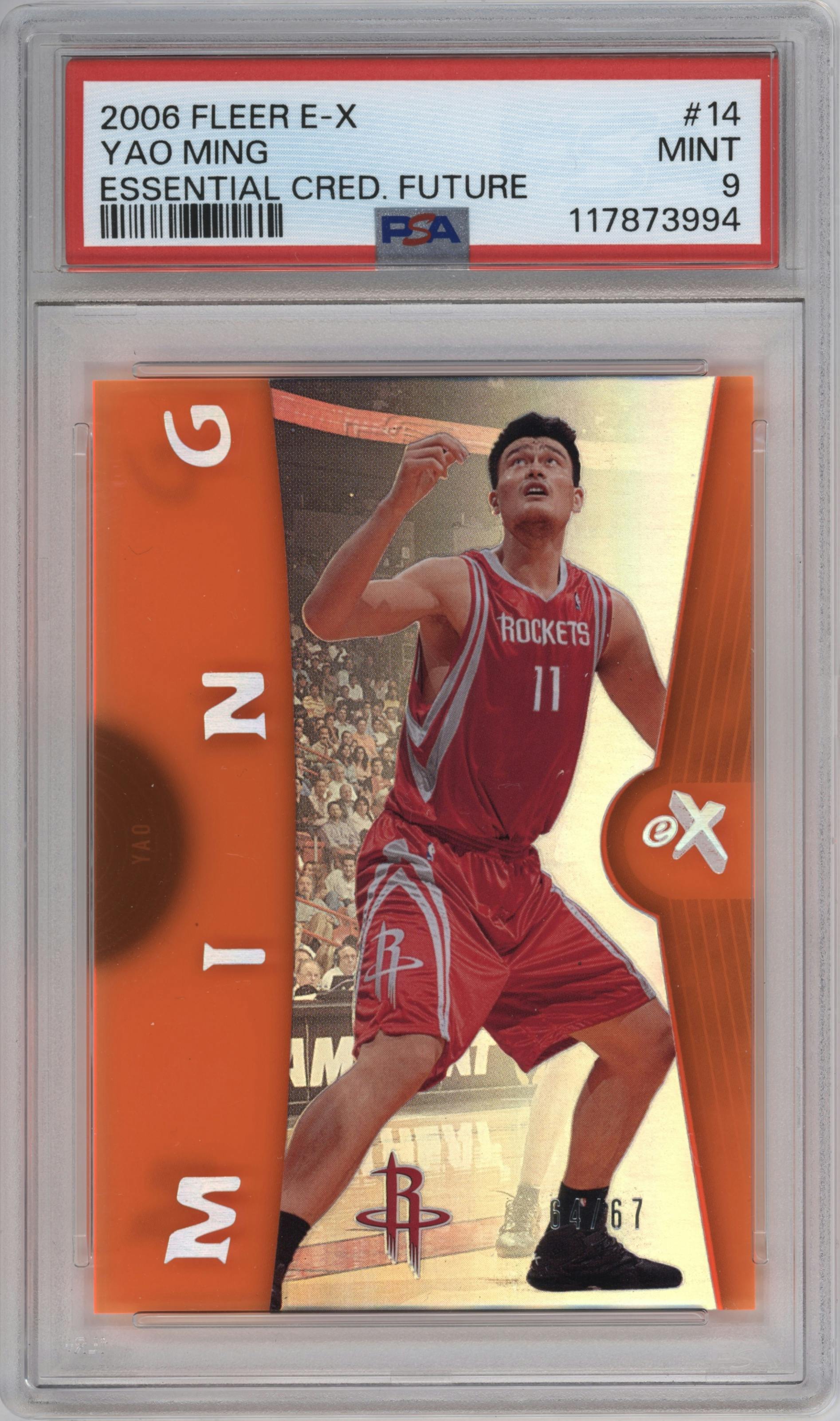 Yao Ming from the 2006-07 Fleer E-X set featuring a Essential Credentials Future parallel graded by PSA and given an overall grade of 9.
