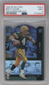 Brett Favre from the 1994 SP set featuring a Die-Cut parallel graded by PSA and given an overall grade of 9.