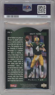 Brett Favre from the 1994 SP set featuring a Die-Cut parallel graded by PSA and given an overall grade of 9.