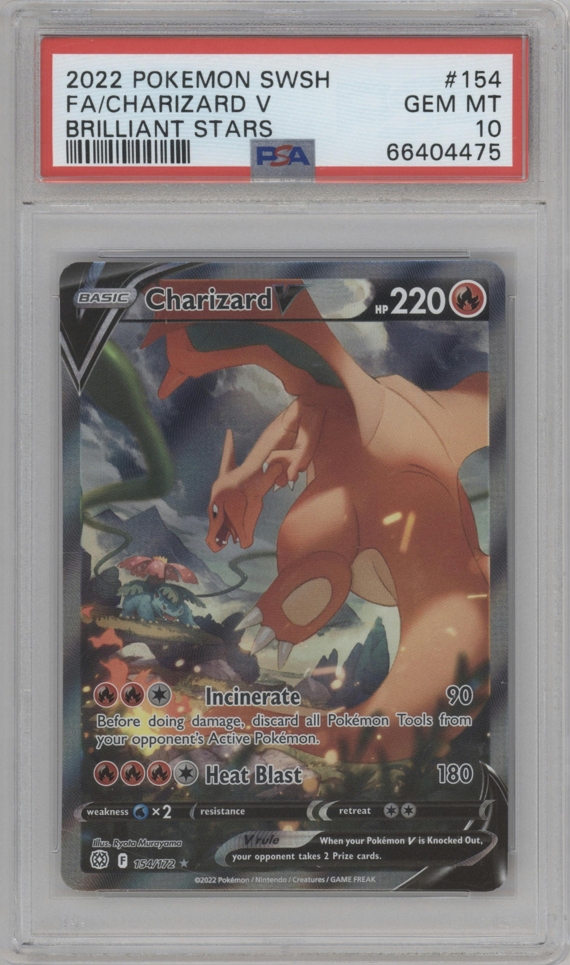 Charizard V from the 2022 Pokemon SWSH set graded by PSA and given an overall grade of 10.