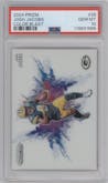 Josh Jacobs from the 2024 Panini Prizm set graded by PSA and given an overall grade of 10.