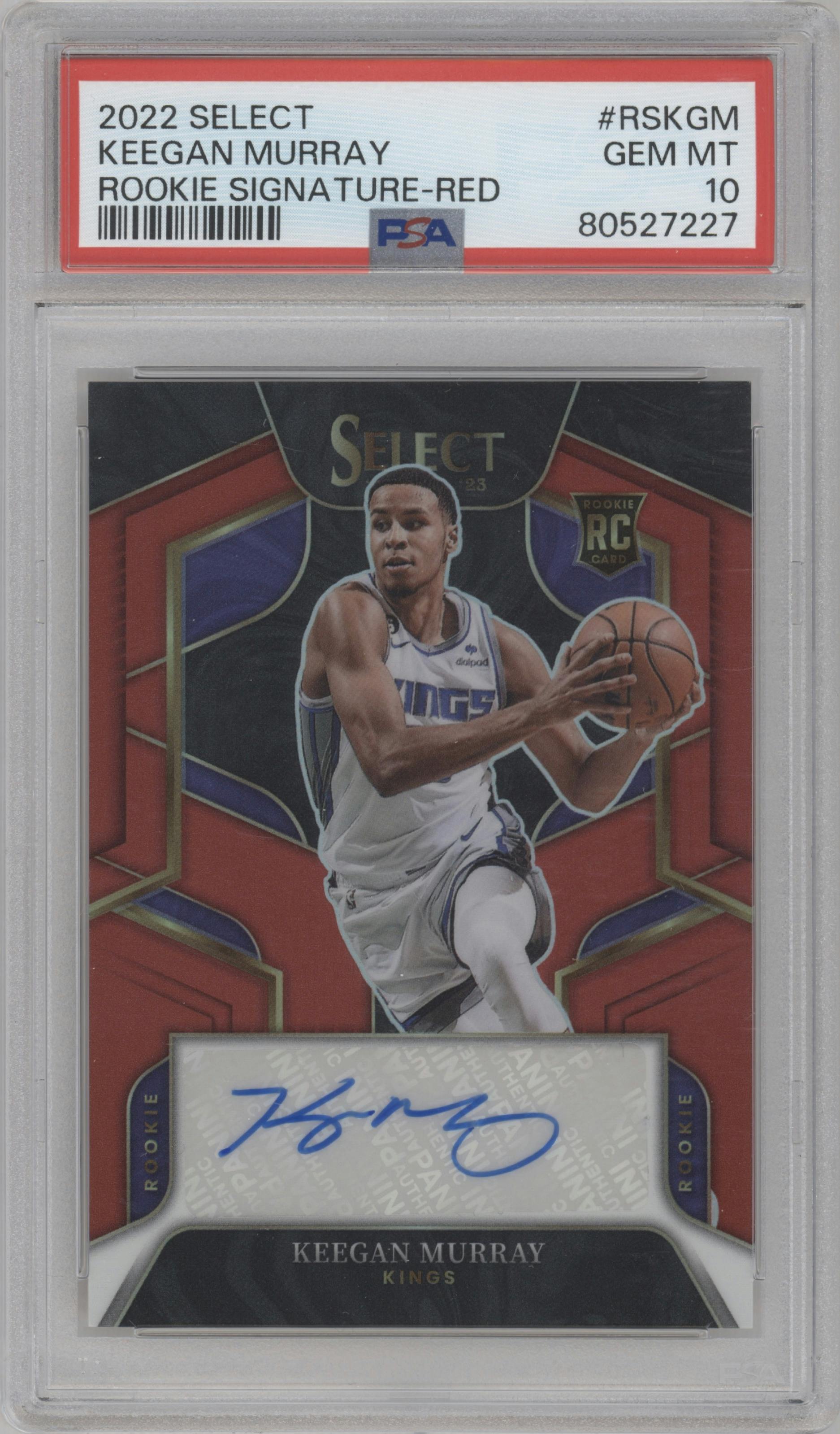 Keegan Murray from the 2022-23 Panini Select set featuring a Red Prizm parallel graded by PSA and given an overall grade of 10.