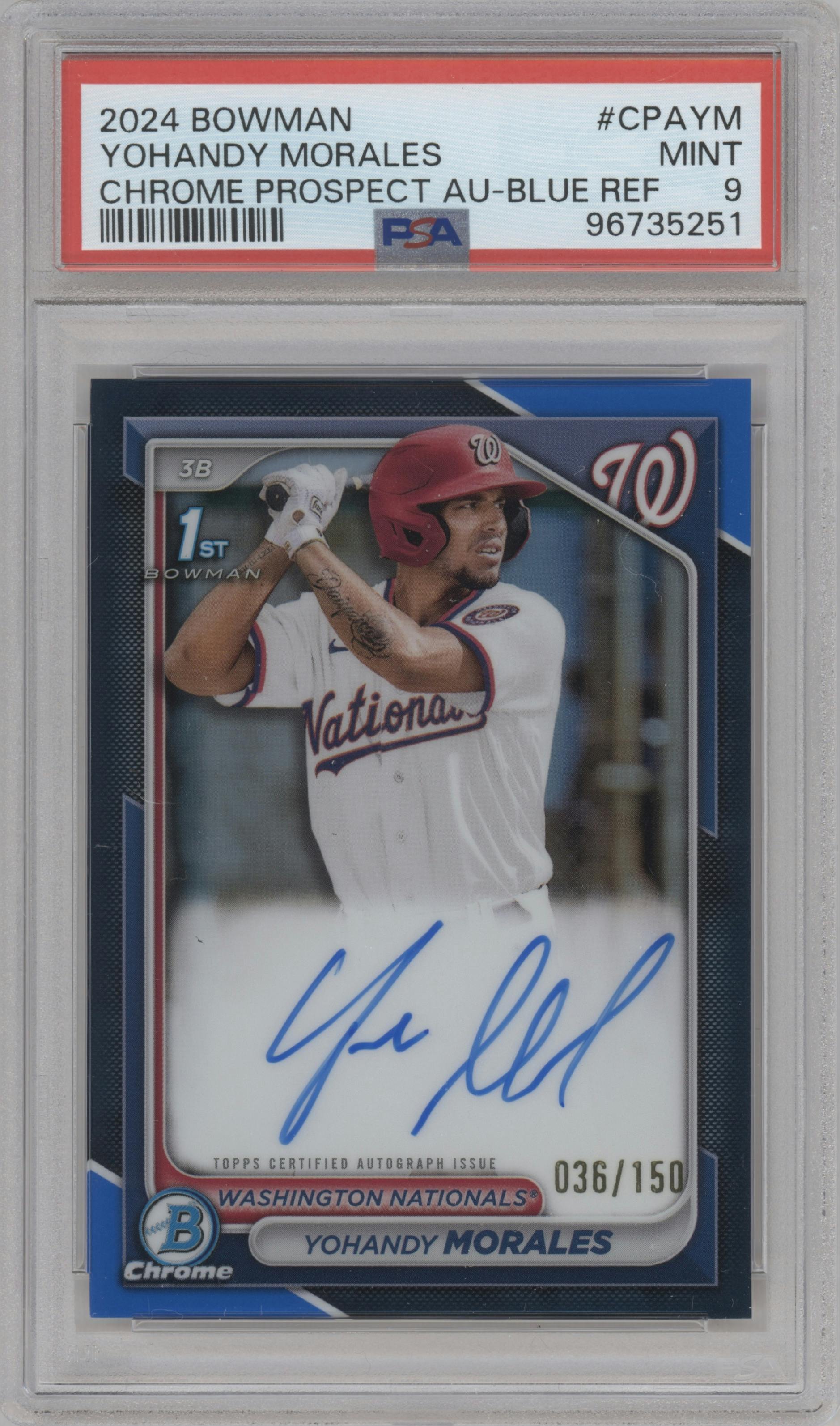 Yohandy Morales from the 2024 Bowman set featuring a Blue Refractor parallel graded by PSA and given an overall grade of 9.