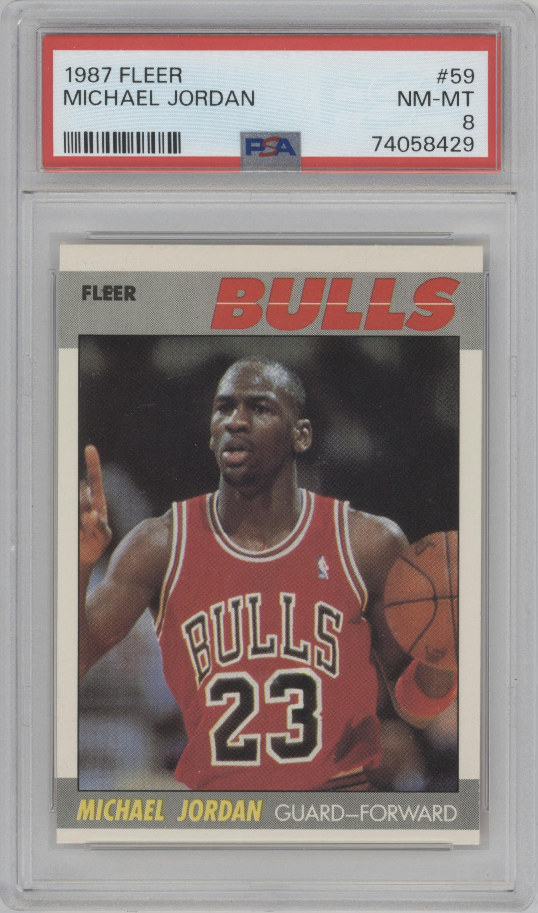 Michael Jordan from the 1987-88 Fleer set graded by PSA and given an overall grade of 8.