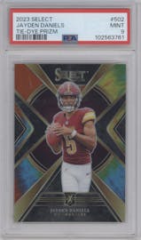 Jayden Daniels from the 2023 Panini Select set featuring a Tie-Dye Prizm parallel graded by PSA and given an overall grade of 9.
