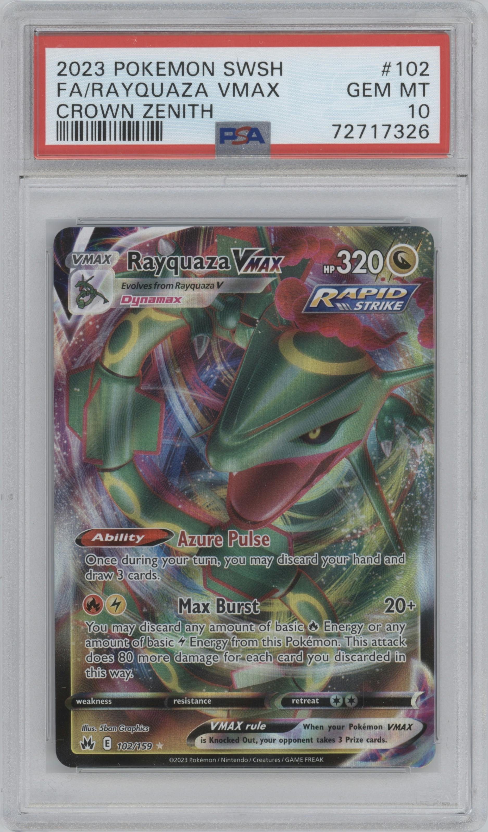 Rayquaza VMAX from the 2023 Pokemon SWSH set graded by PSA and given an overall grade of 10.