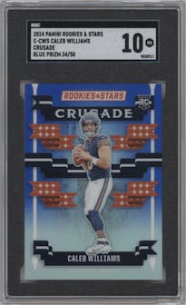 Caleb Williams from the 2024 Panini Rookies & Stars set featuring a Blue parallel graded by SGC and given an overall grade of 10.