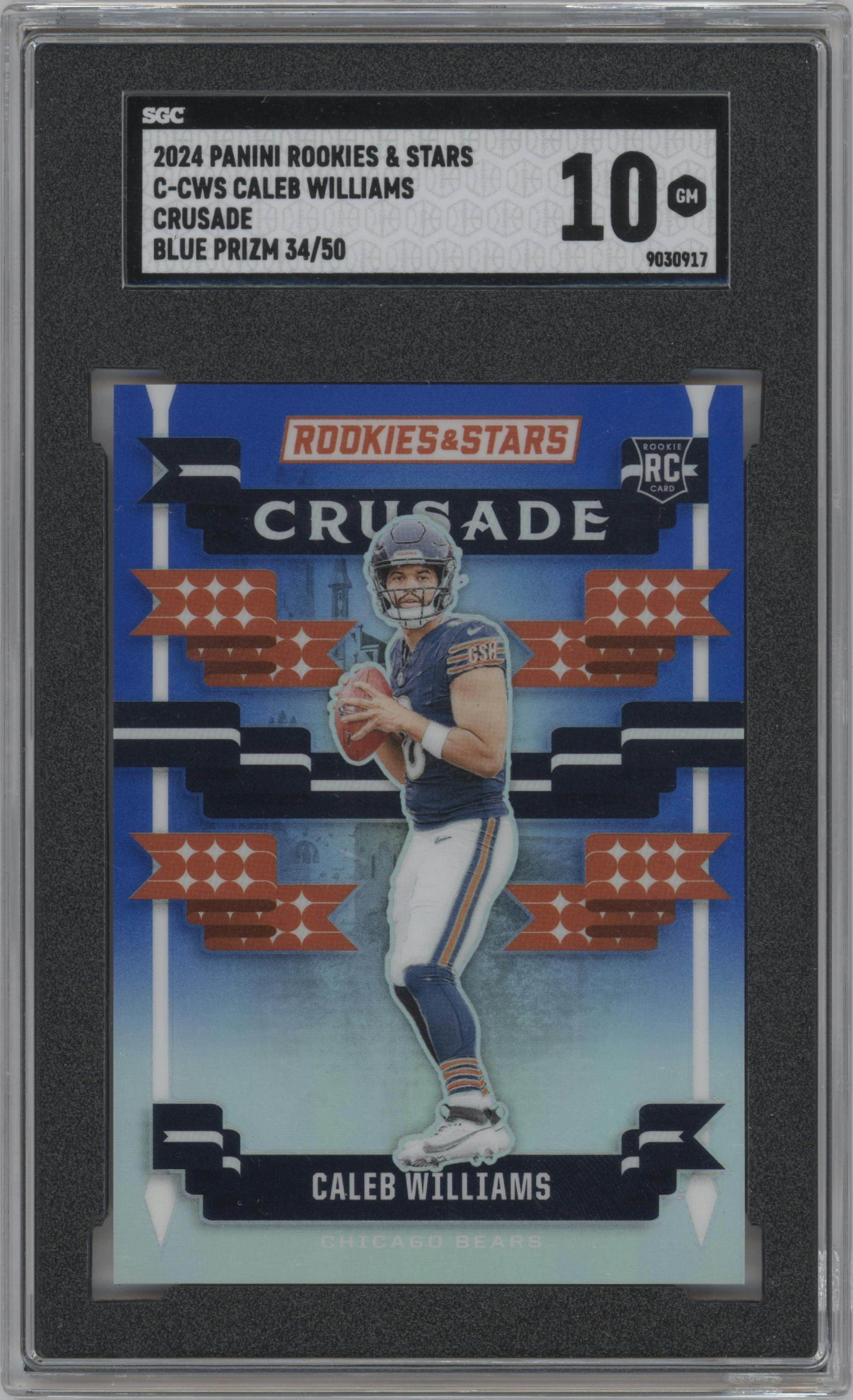 Caleb Williams from the 2024 Panini Rookies & Stars set featuring a Blue parallel graded by SGC and given an overall grade of 10.