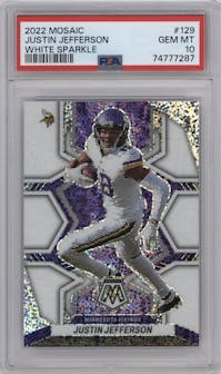 Justin Jefferson  from the 2022 Panini Mosaic set featuring a White Sparkle parallel graded by PSA and given an overall grade of 10.