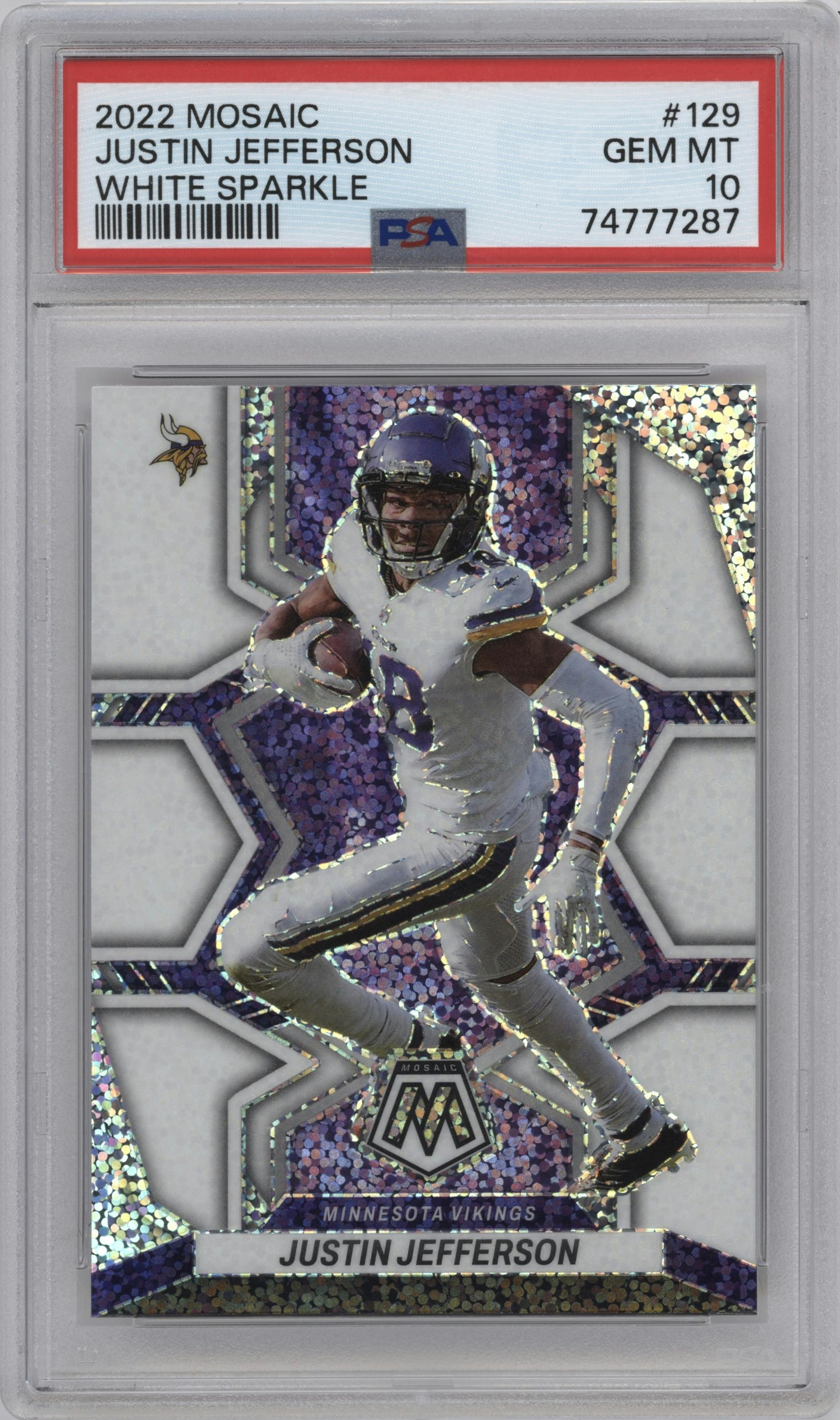 Justin Jefferson  from the 2022 Panini Mosaic set featuring a White Sparkle parallel graded by PSA and given an overall grade of 10.