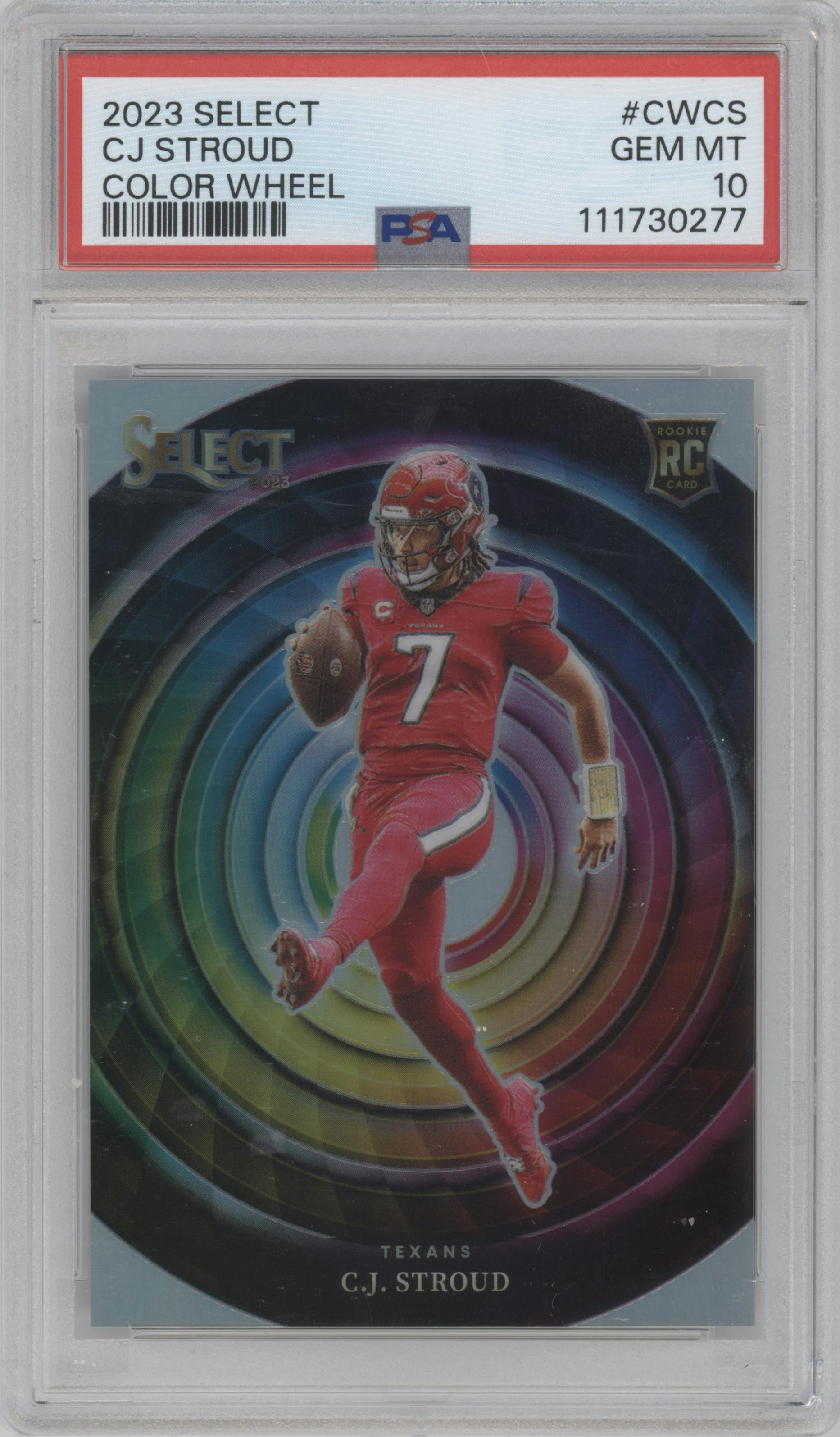 C.J. Stroud from the 2023 Panini Select set graded by PSA and given an overall grade of 10.