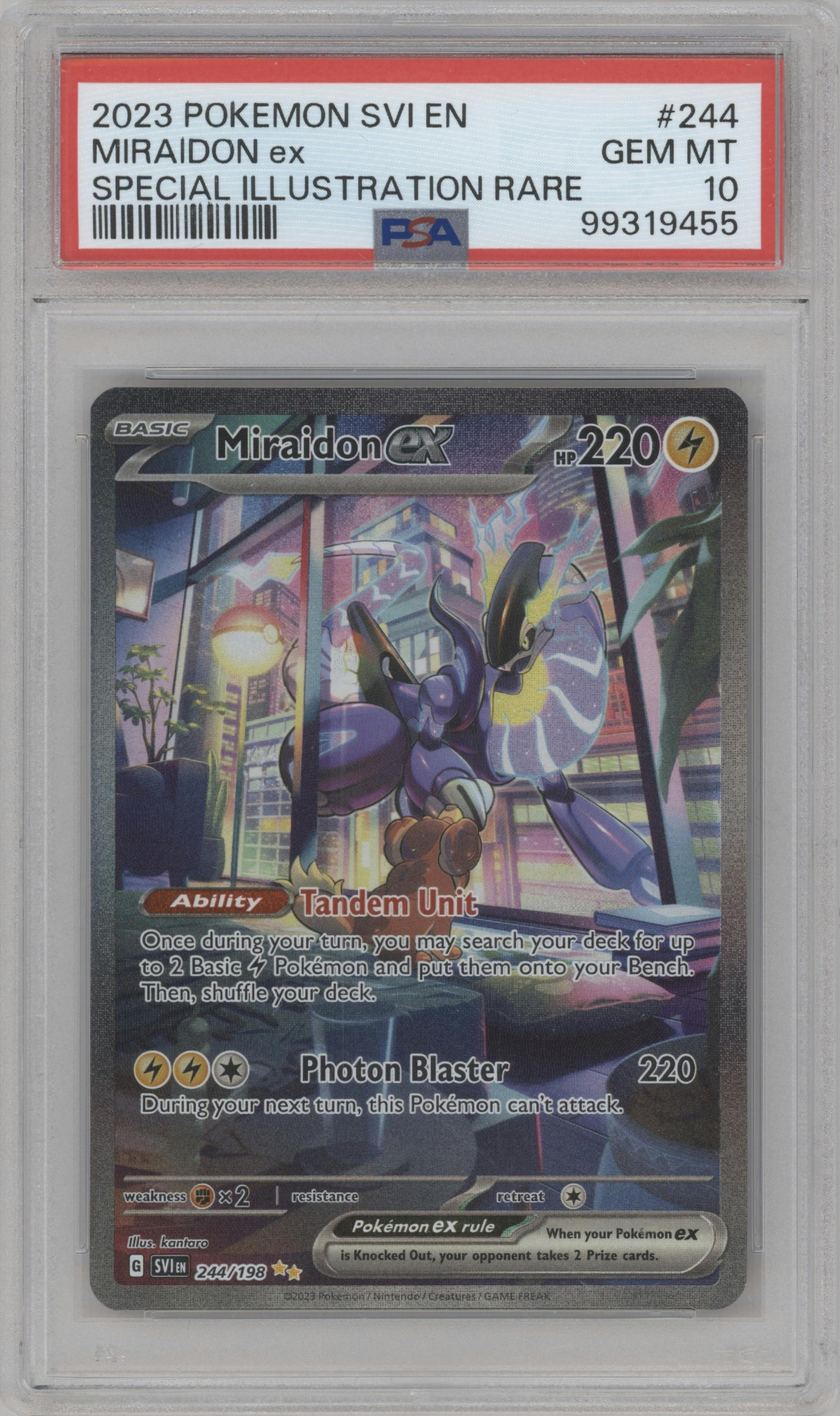 Miraidon EX from the 2023 Pokemon SV set graded by PSA and given an overall grade of 10.