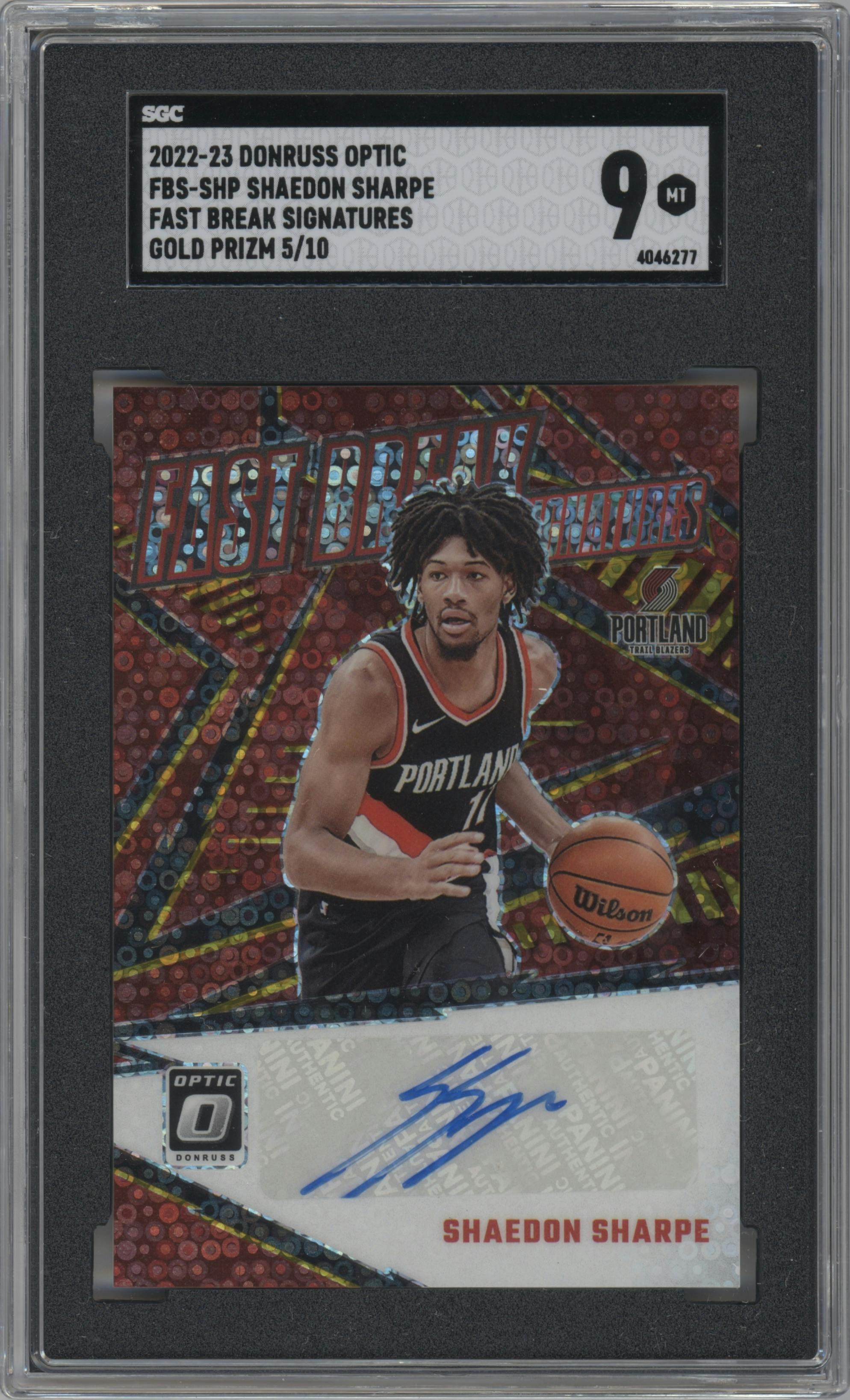 Shaedon Sharpe from the 2023-24 Donruss Optic set featuring a Gold parallel graded by SGC and given an overall grade of 9.