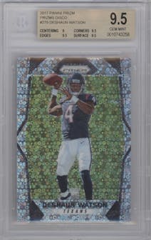 Deshaun Watson from the 2017 Panini Prizm set featuring a Disco parallel graded by Beckett and given an overall grade of 9.5.
