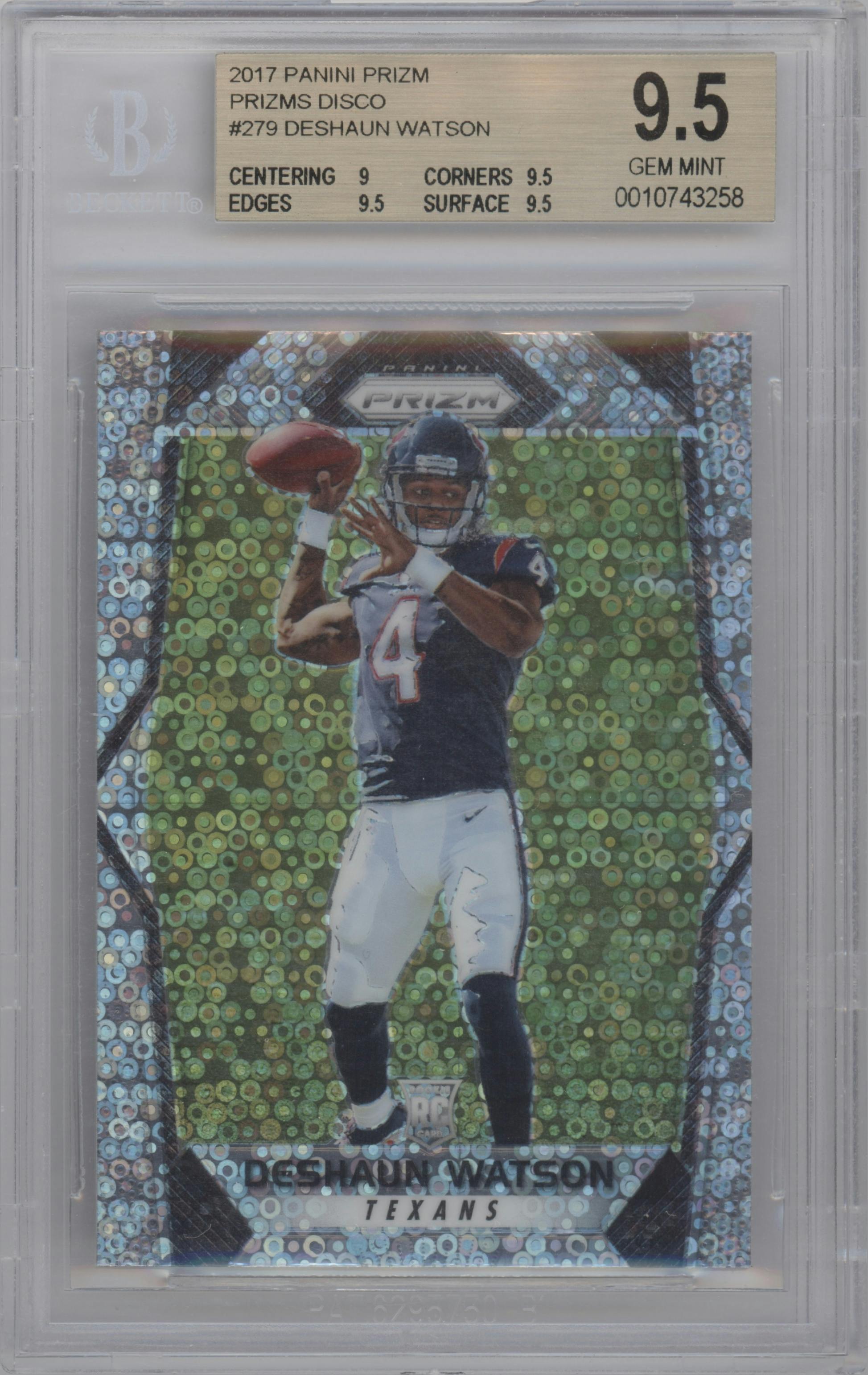 Deshaun Watson from the 2017 Panini Prizm set featuring a Disco parallel graded by Beckett and given an overall grade of 9.5.
