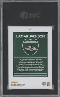 Lamar Jackson from the 2024 Donruss set graded by SGC and given an overall grade of 9.