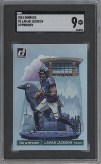 Lamar Jackson from the 2024 Donruss set graded by SGC and given an overall grade of 9.