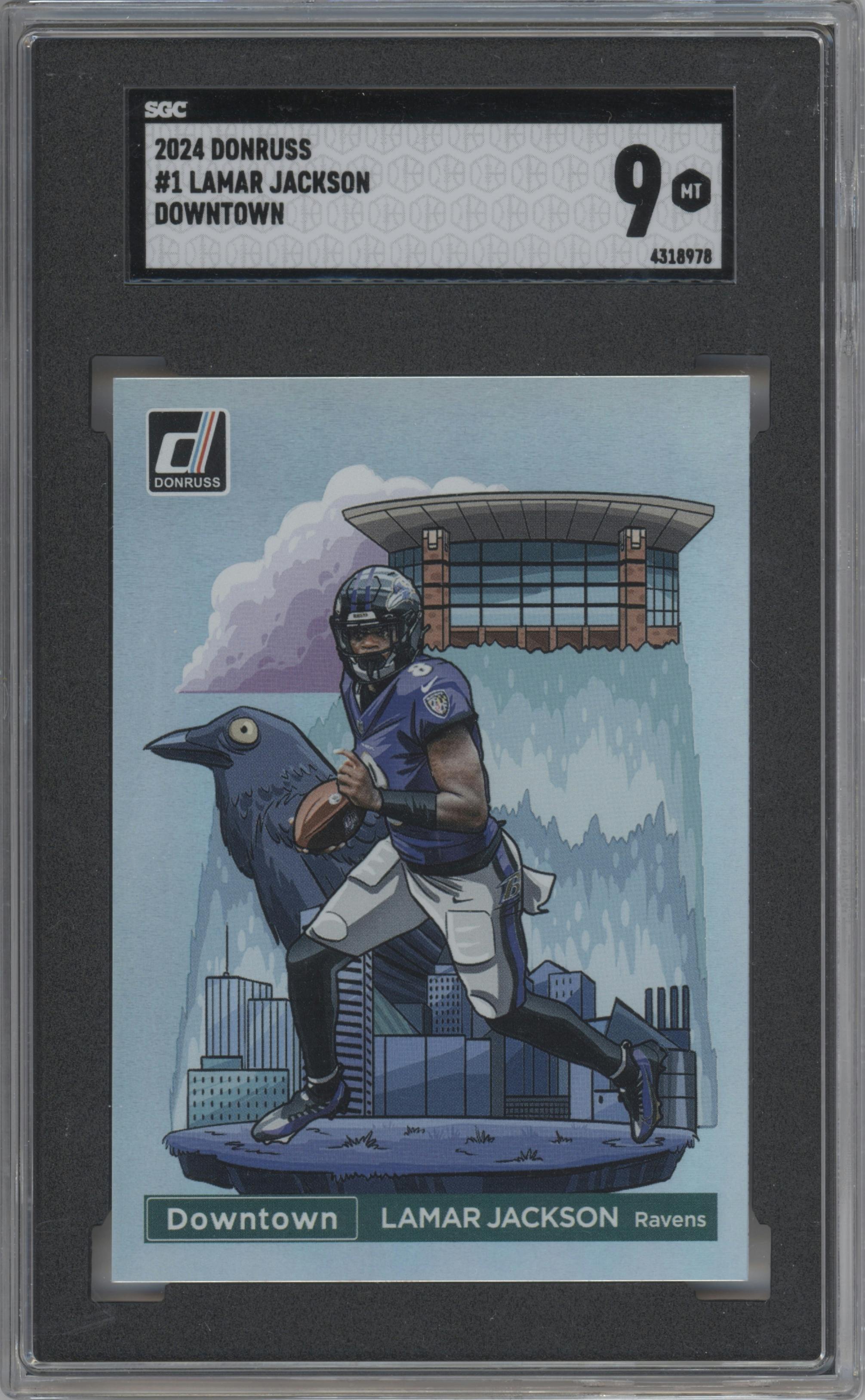 Lamar Jackson from the 2024 Donruss set graded by SGC and given an overall grade of 9.