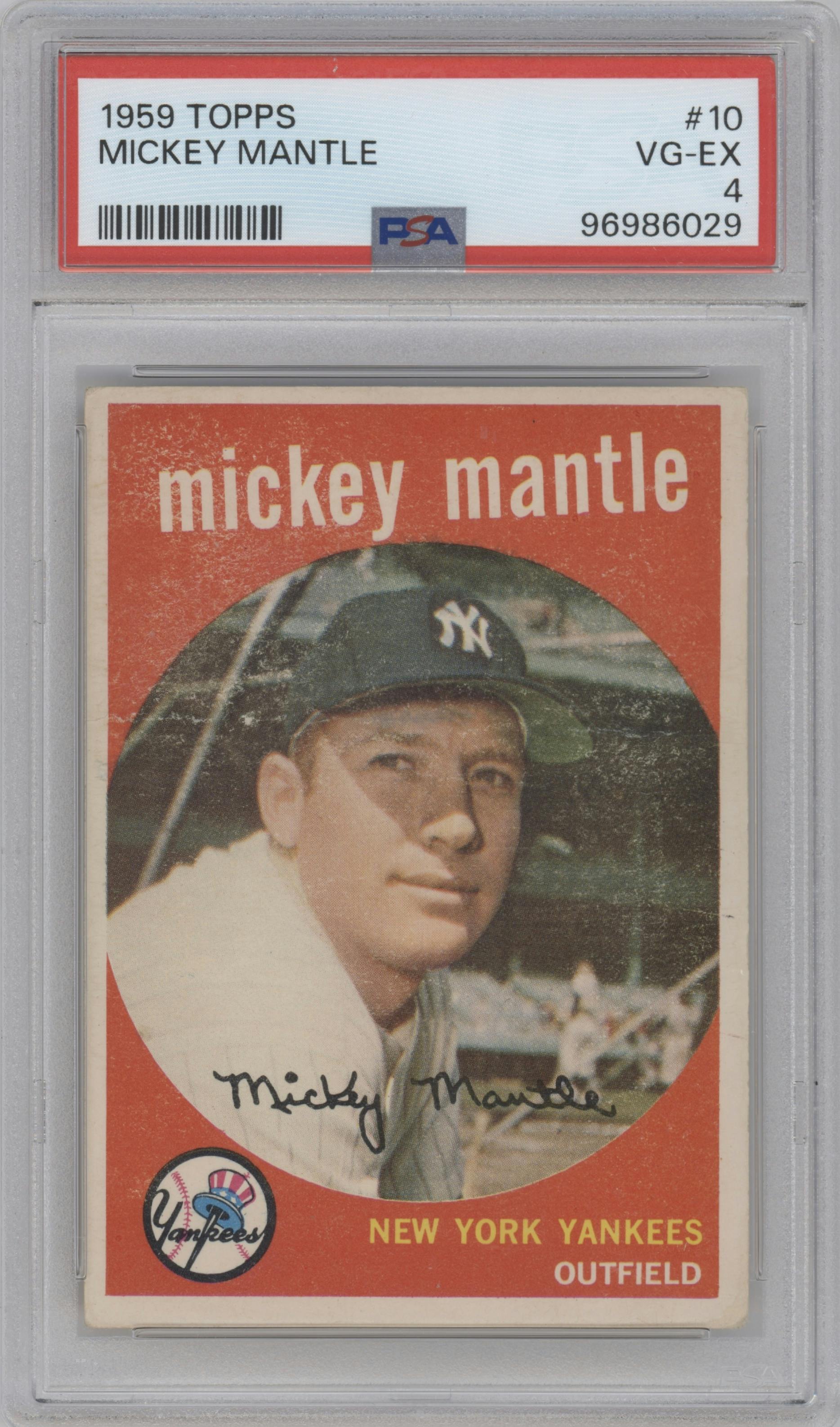 Mickey Mantle from the 1959 Topps set graded by PSA and given an overall grade of 4.