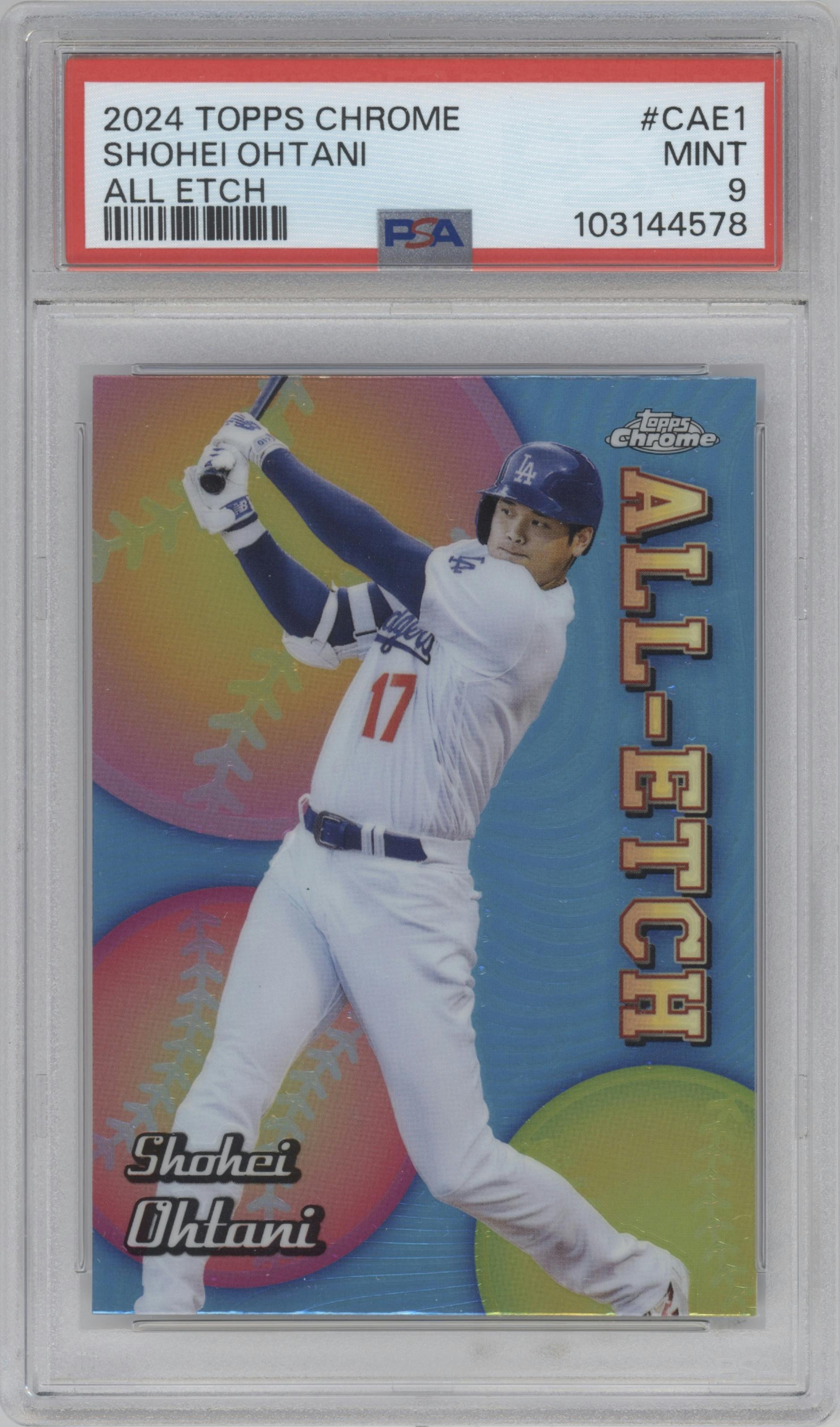 Shohei Ohtani from the 2024 Topps Chrome set graded by PSA and given an overall grade of 9.