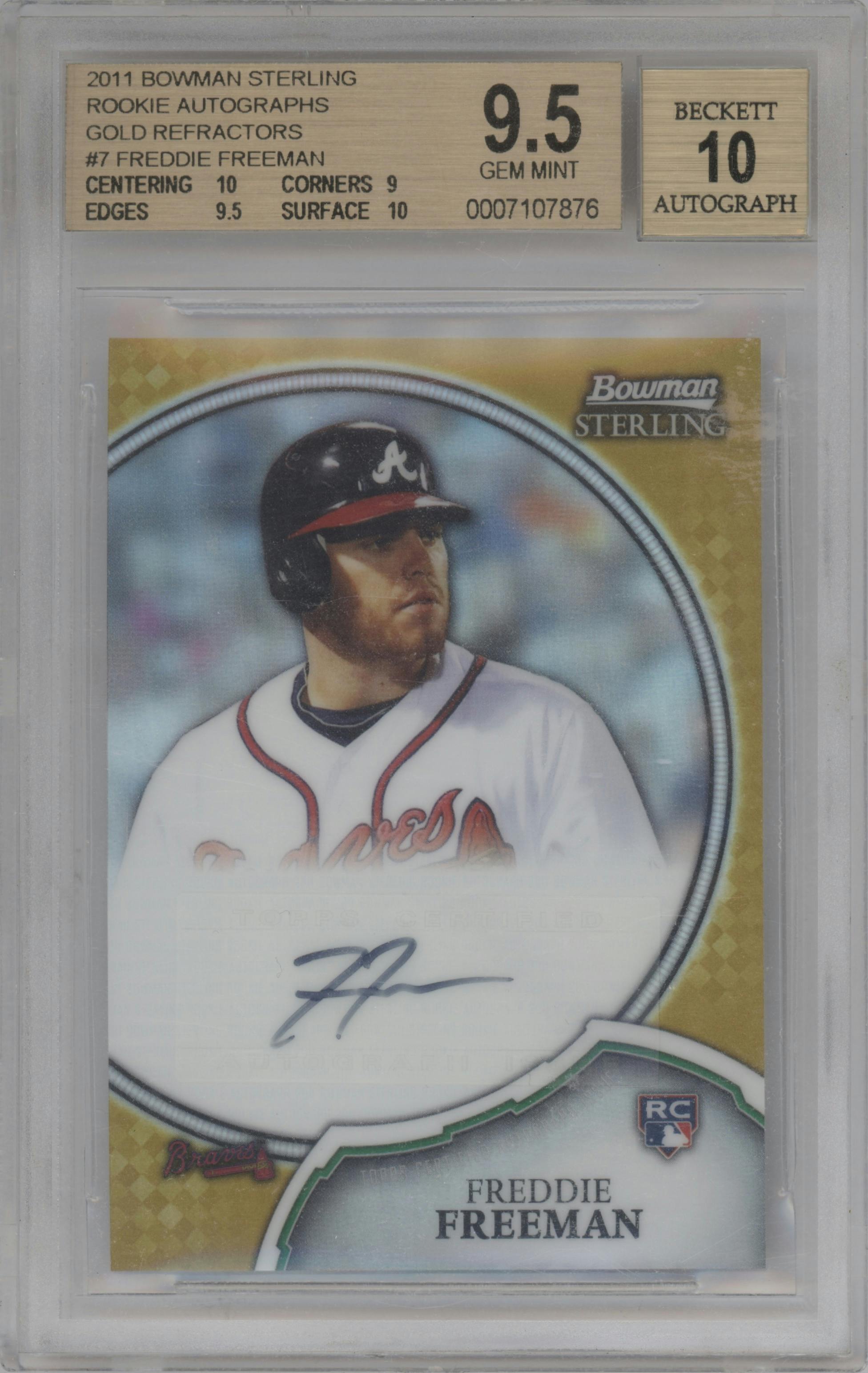 Freddie Freeman from the 2011 Bowman Sterling  set featuring a Gold Refractor parallel graded by Beckett and given an overall grade of 9.5.