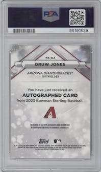 Druw Jones from the 2023 Bowman Sterling set graded by PSA and given an overall grade of 10.