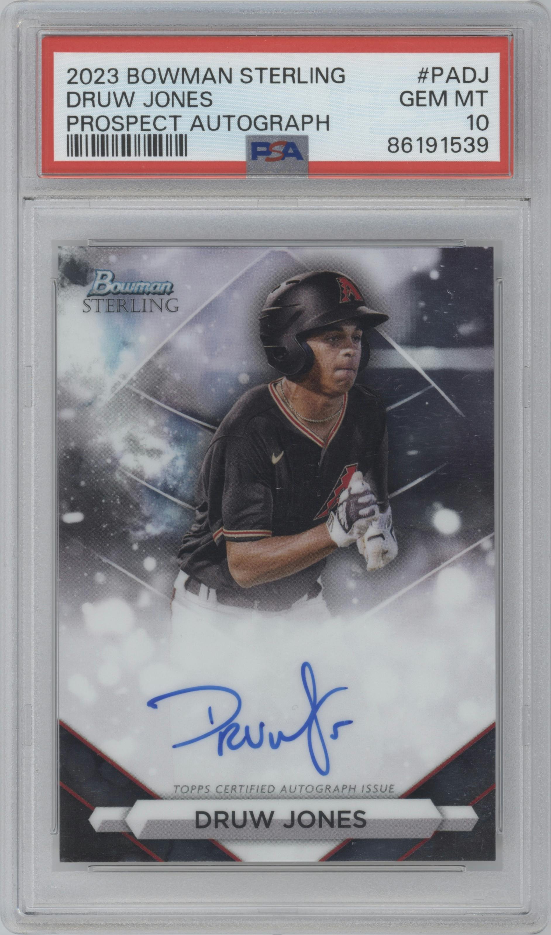 Druw Jones from the 2023 Bowman Sterling set graded by PSA and given an overall grade of 10.