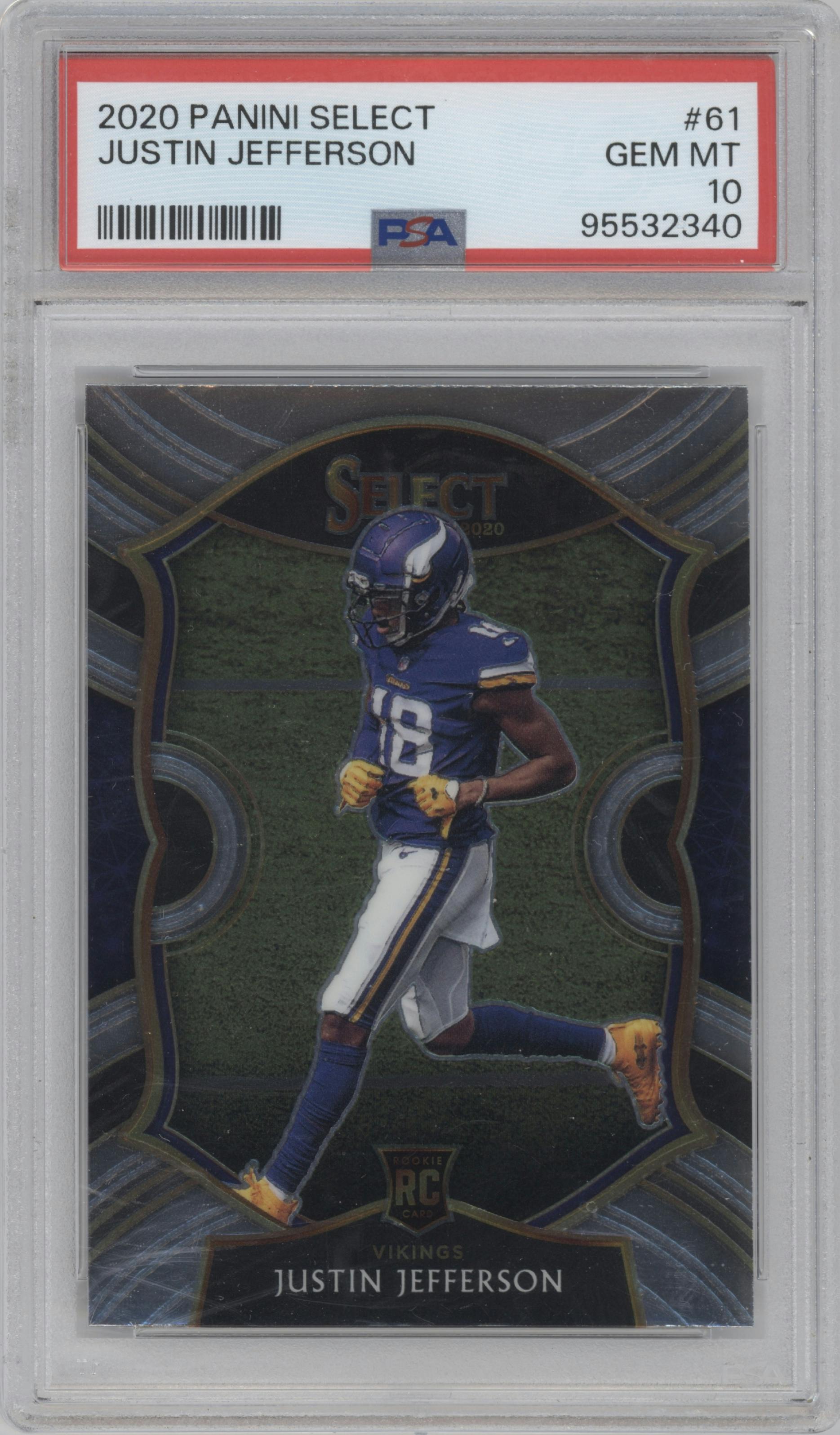 Justin Jefferson from the 2020 Panini Select set graded by PSA and given an overall grade of 10.