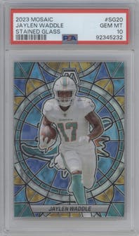 Jaylen Waddle from the 2023 Panini Mosaic set graded by PSA and given an overall grade of 10.